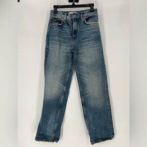 ZARA 100% COTTON DISTRESSED LOOK STRAIGHT LEG TRADITIONAL FIVE POCKET BLUE JEANS